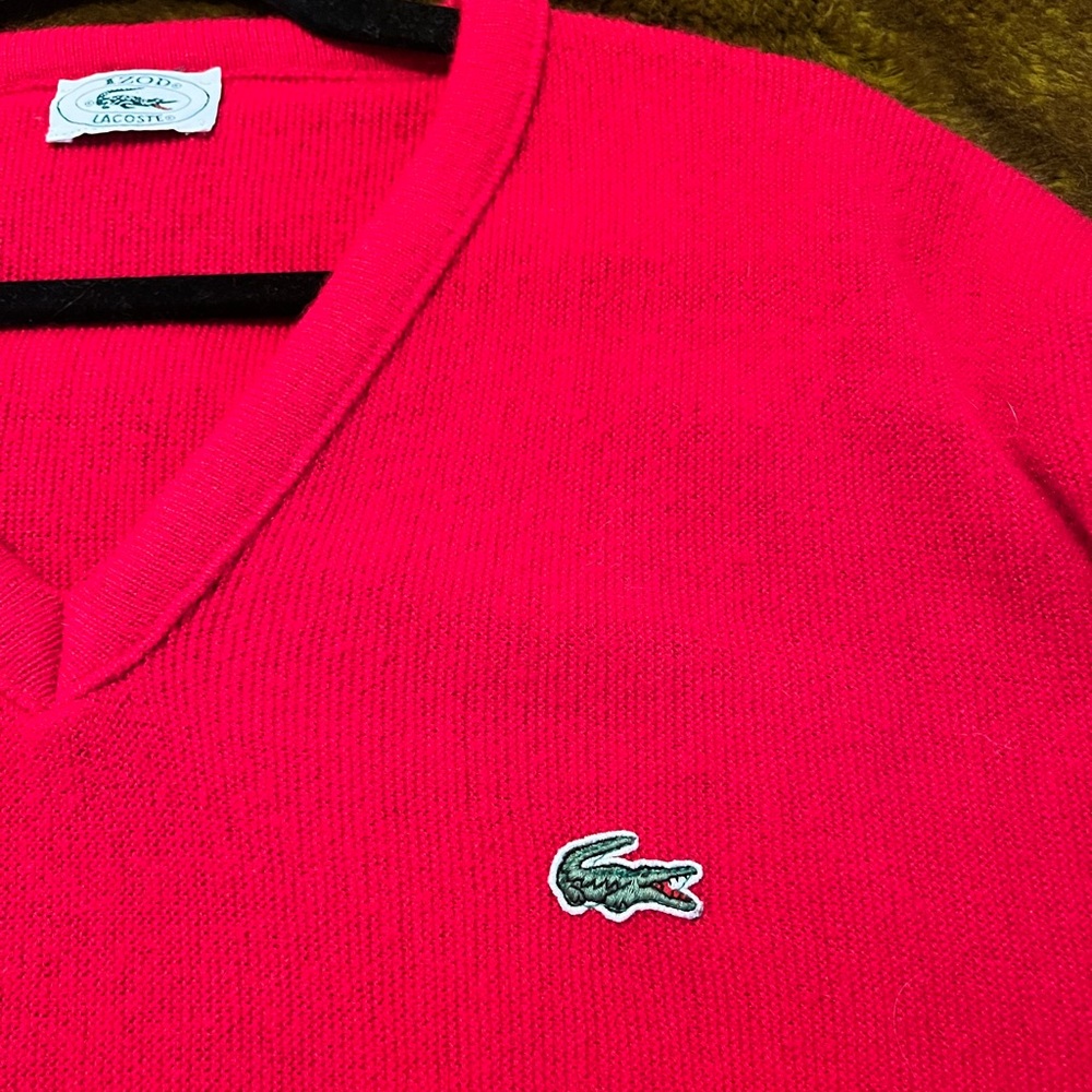 Vintage Lacoste V-neck Wool Sweater French Red Mens Size L Made in USA - Picture 3 of 7